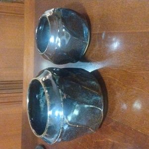 2 Deep Blue and Brown Glazed Smaller Decorative Pottery Vases